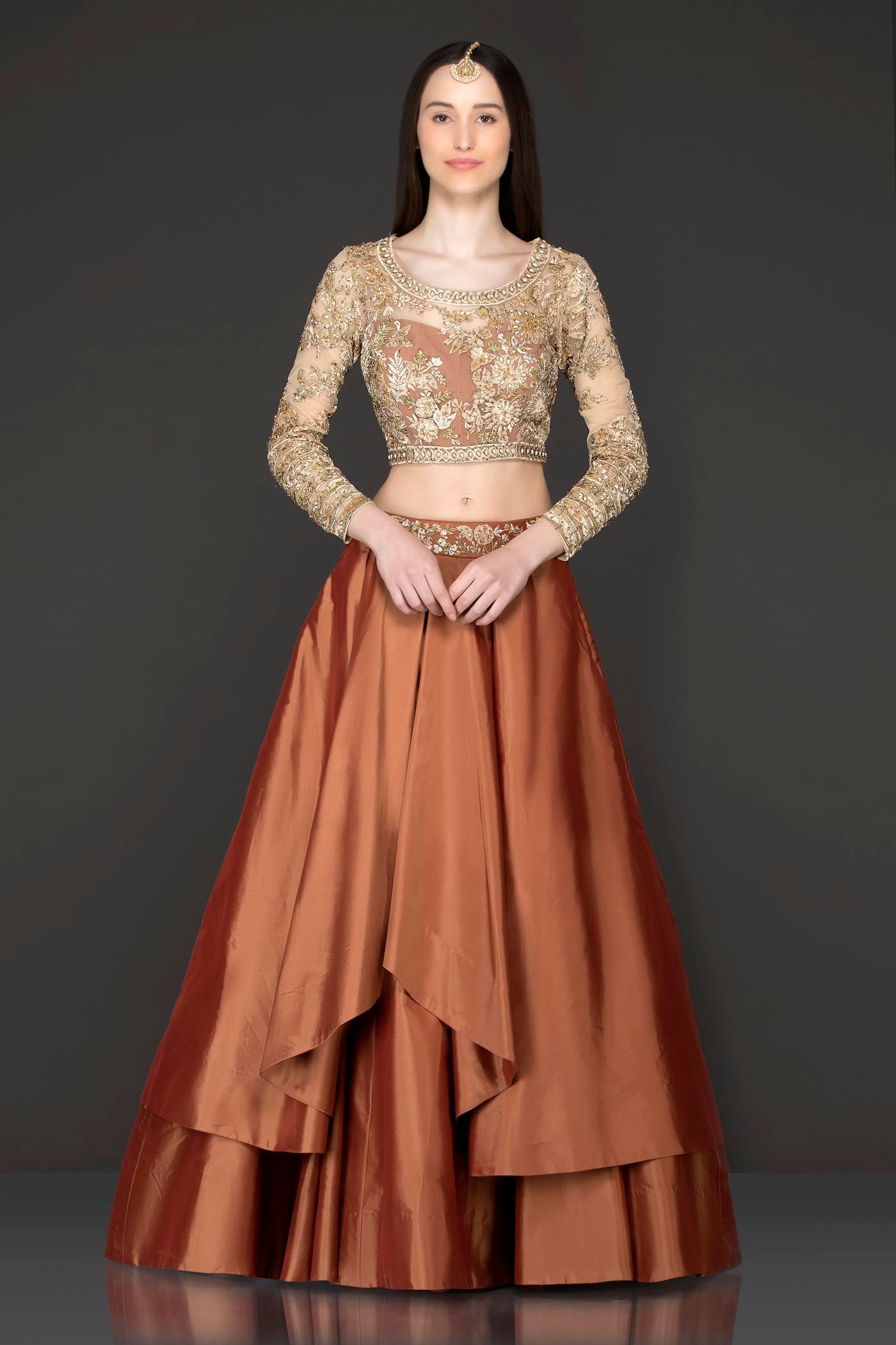 Gold Net Top With Rust Colour/Silk Double Layer Skirt
