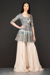 Ivory Colour Organza Peplum And Georgette Sharara And Net Dupatta Set