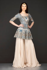 Ivory Colour Organza Peplum And Georgette Sharara And Net Dupatta Set