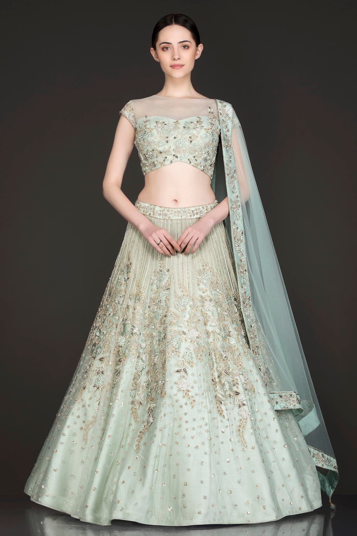Mint Green Net Lehenga Top Dupatta With Resham Embroidery