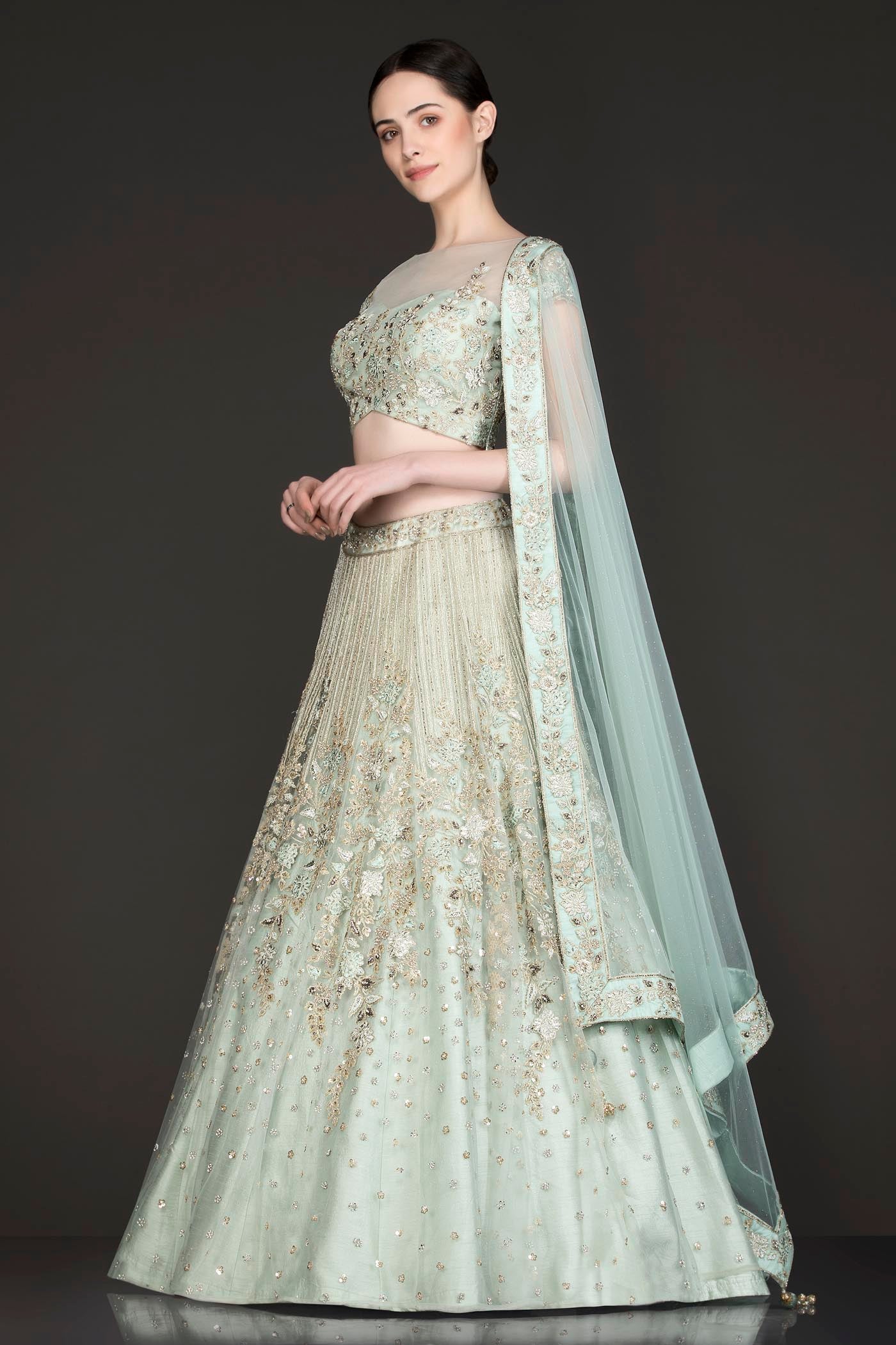 Mint Green Net Lehenga Top Dupatta With Resham Embroidery
