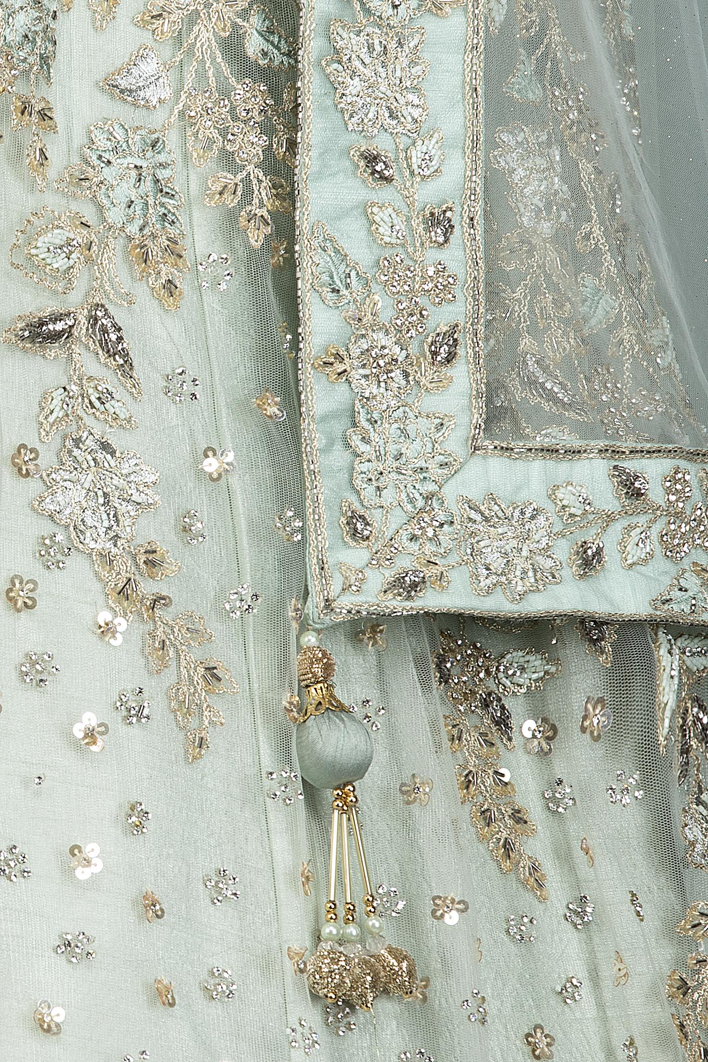 Mint Green Net Lehenga Top Dupatta With Resham Embroidery