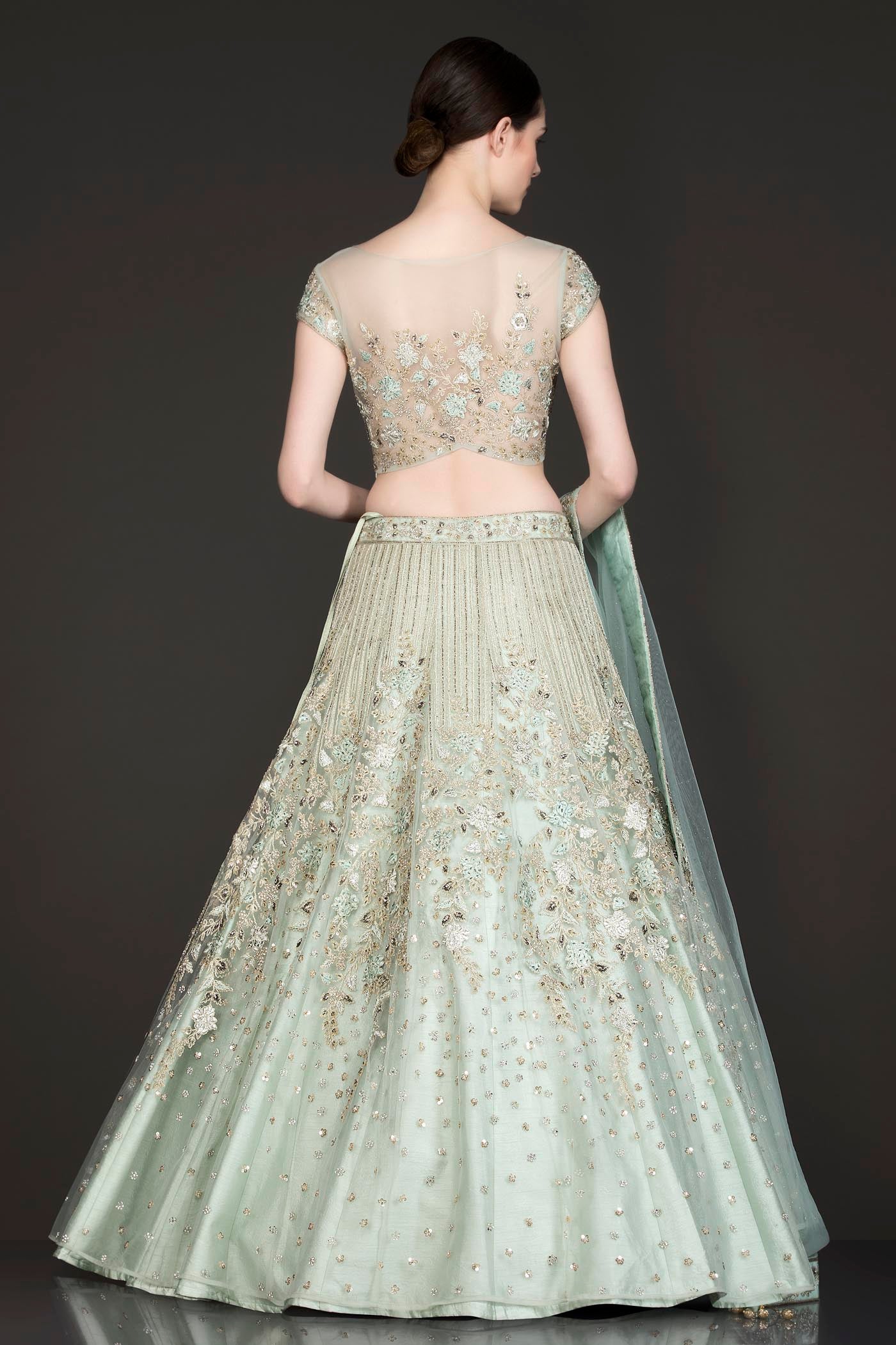 Mint Green Net Lehenga Top Dupatta With Resham Embroidery