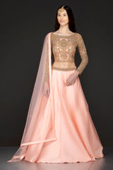 Peach Silk Skirt And Gold Net Top With Stone And Kathdana Embroidery