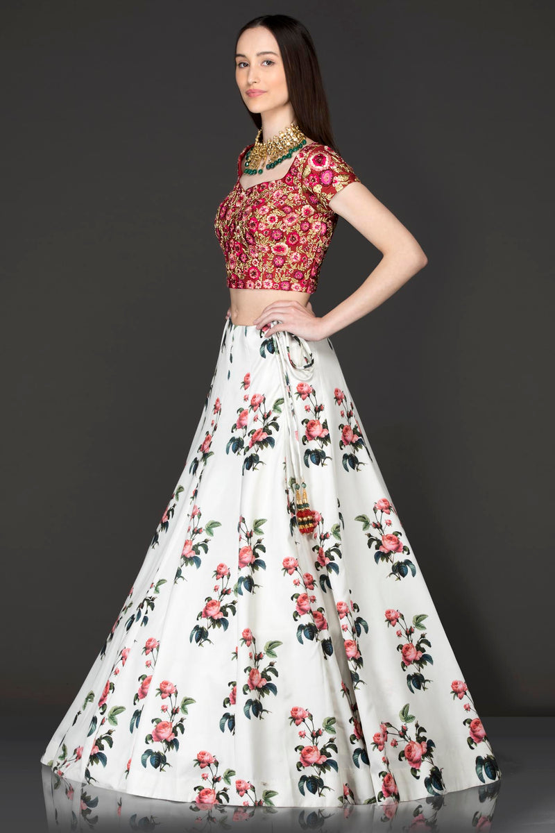 Maroon Colour Silk Top With Ivory Floral Skirt/Lehenga And Net Dupatta