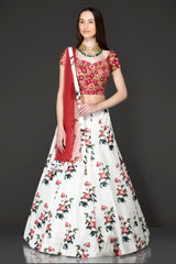 Maroon Colour Silk Top With Ivory Floral Skirt/Lehenga And Net Dupatta