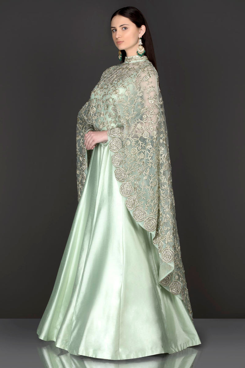 Mint Green Net Cape With Silk Anarkali/Gown