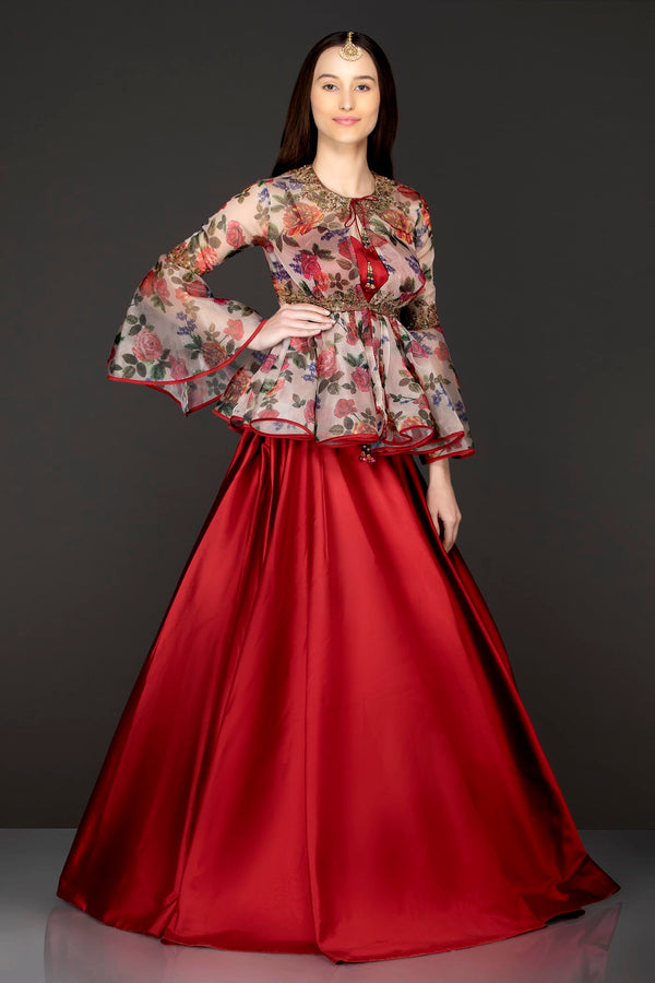 Ivory Colour Organza Floral Peplum With Maroon Silk Skirt With Net Dupatta