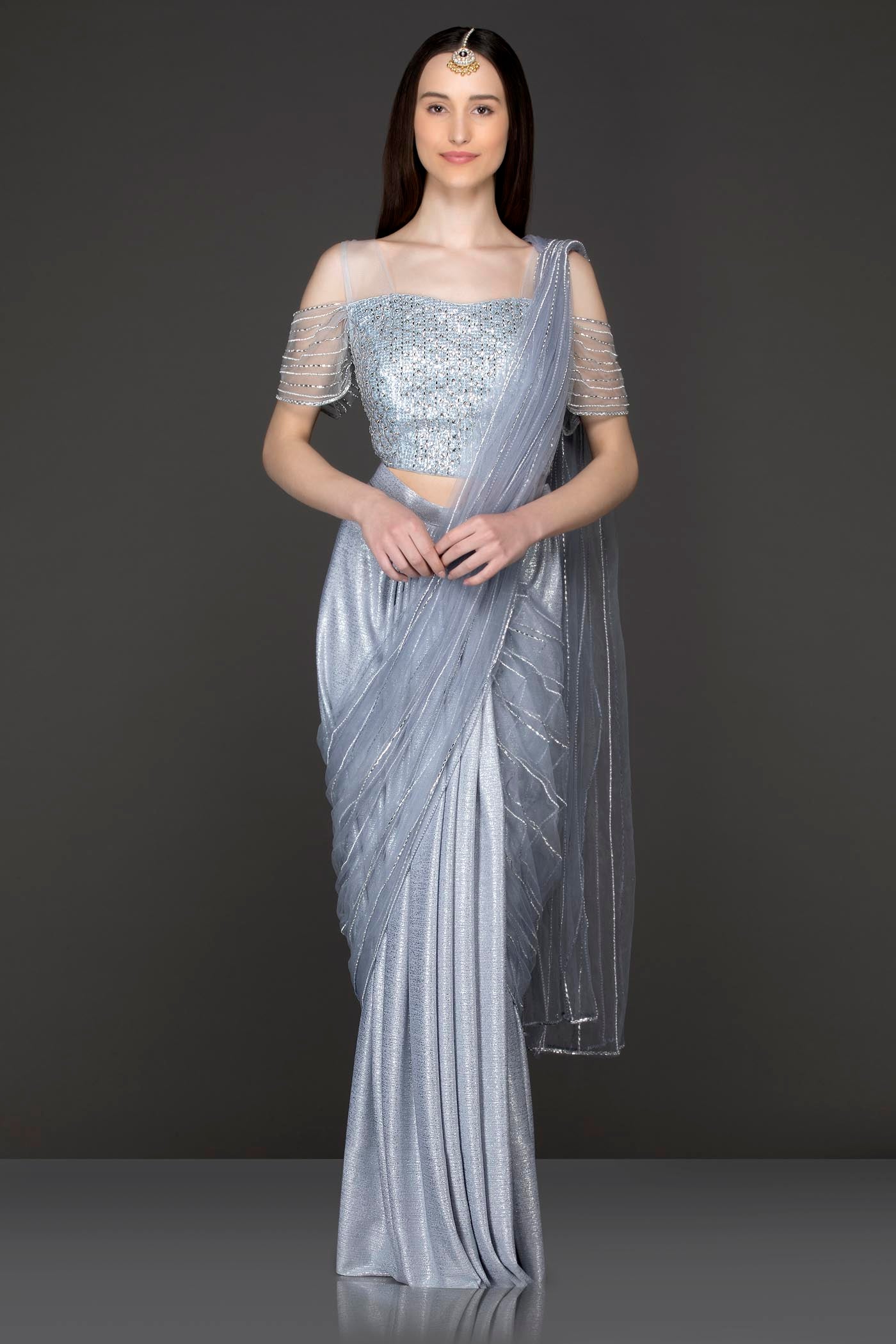 Grey Colour Shimmer Lycra Ready Made Saree With Net Grey Top