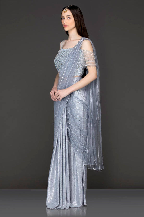 Grey Colour Shimmer Lycra Ready Made Saree With Net Grey Top