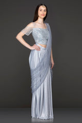 Grey Colour Shimmer Lycra Ready Made Saree With Net Grey Top