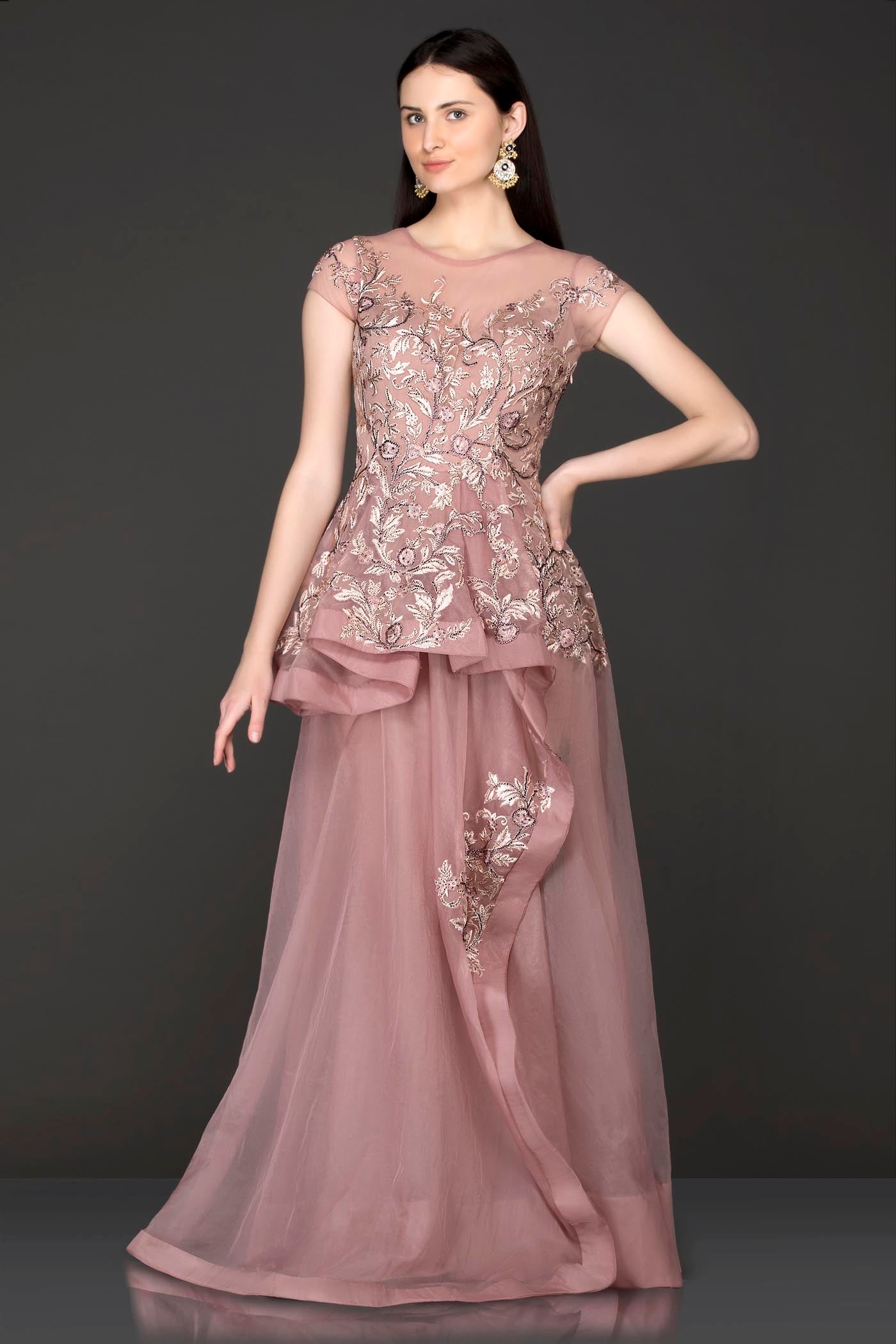 Mauve Colour One Piece Dress With Peplum Pleates On The Top Part Of The Dress