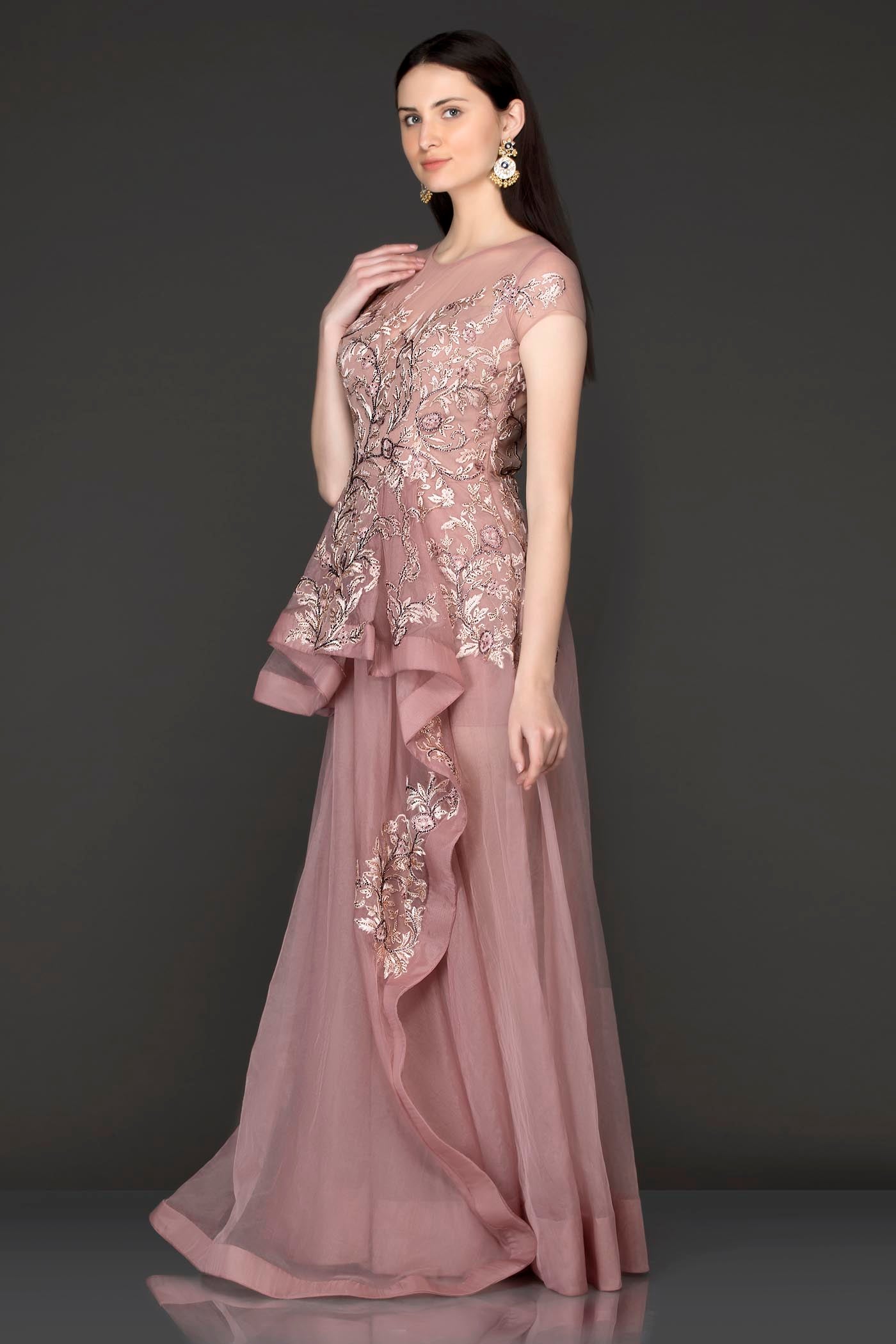 Mauve Colour One Piece Dress With Peplum Pleates On The Top Part Of The Dress