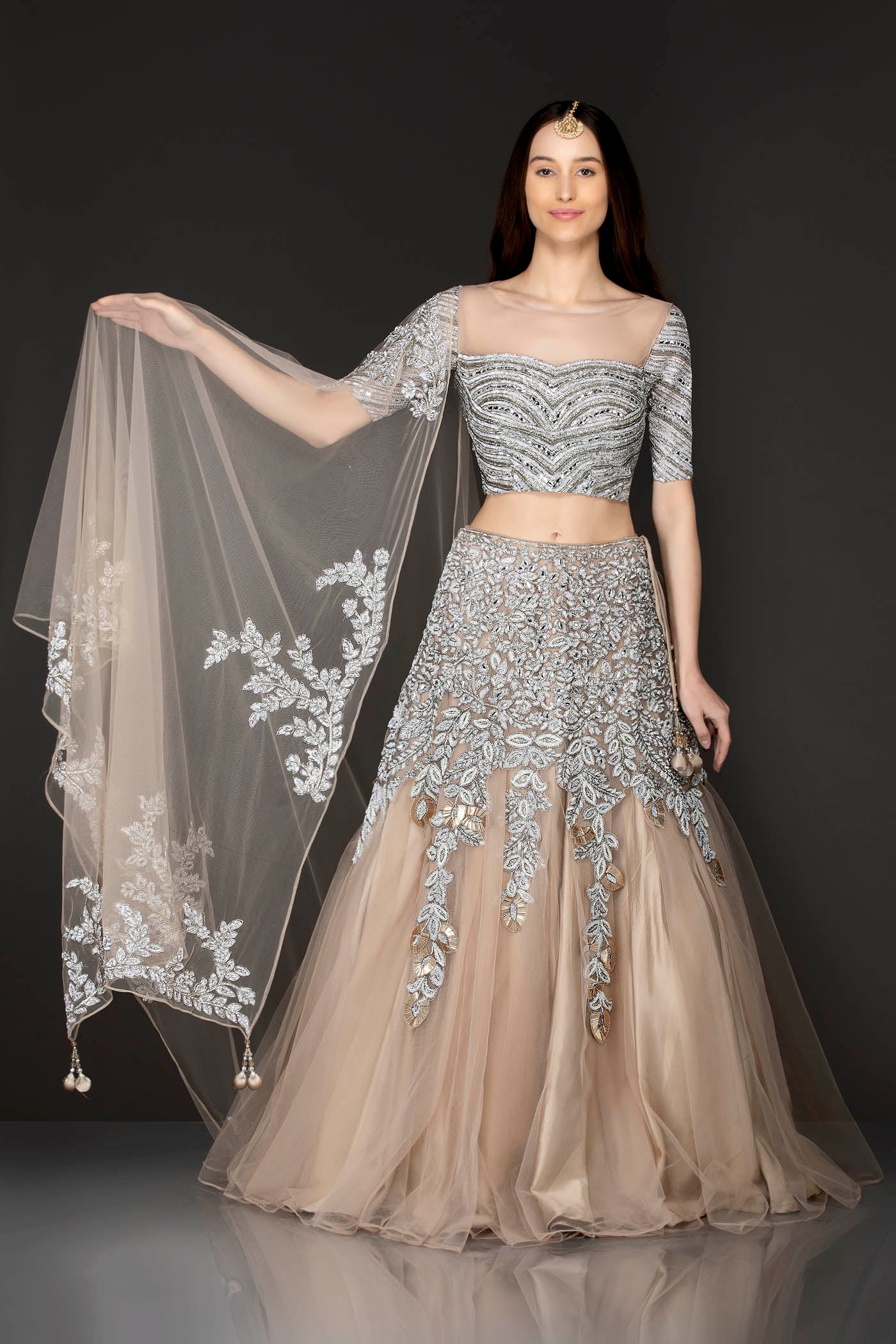 Beige Gold Net Skirt Top With Heavy Embellishment of Thread/Badla/Stone work