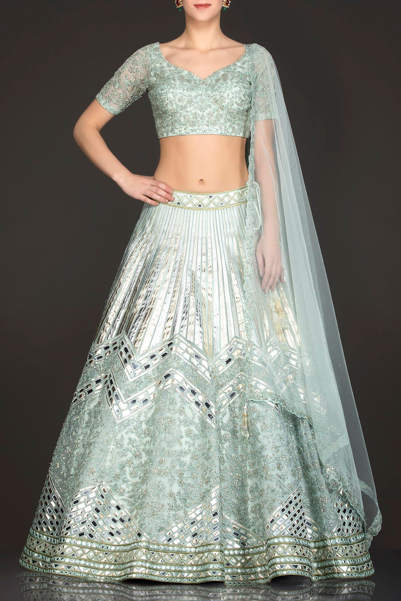 Mint Green Net Skirt/Lehenga/Dupatta With Leather Patch Embroidery