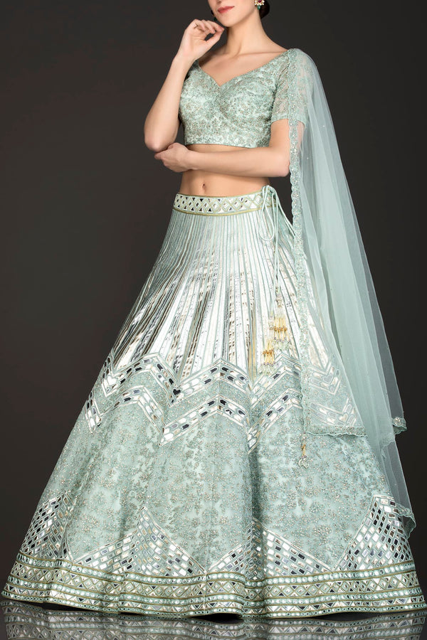 Mint Green Net Skirt/Lehenga/Dupatta With Leather Patch Embroidery