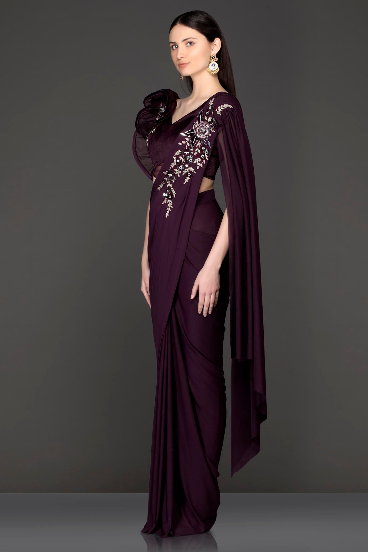 Wine Lycra Readymade Saree