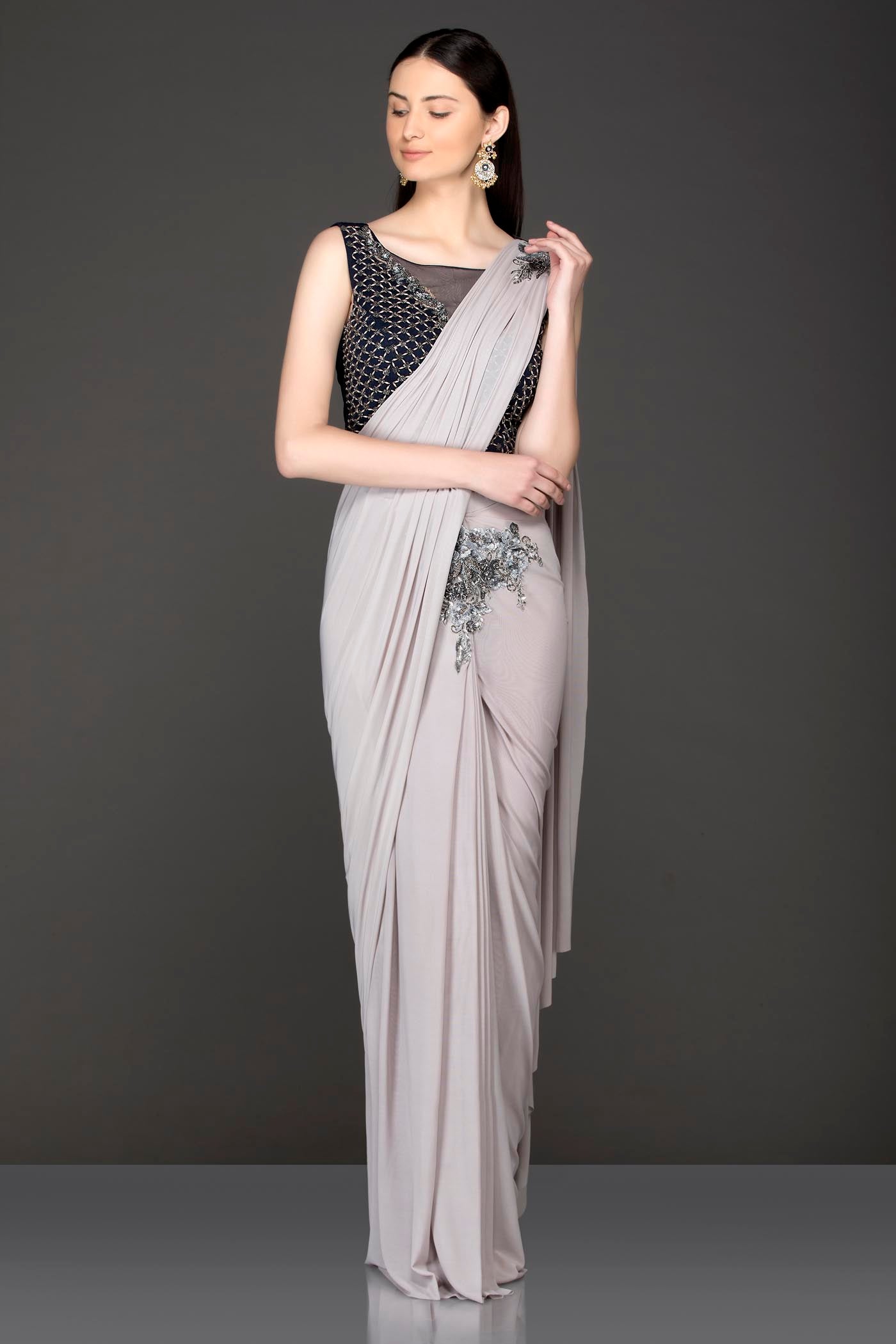 Grey Lycra Ready Pleated Saree With Black Velvet Blouse