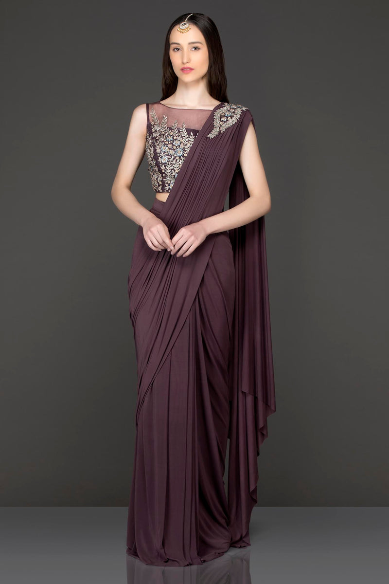 Wine Colour Lycra Readymade Saree With Net Blouse And Silver Dabka