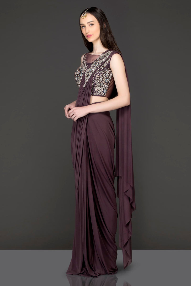 Wine Colour Lycra Readymade Saree With Net Blouse And Silver Dabka