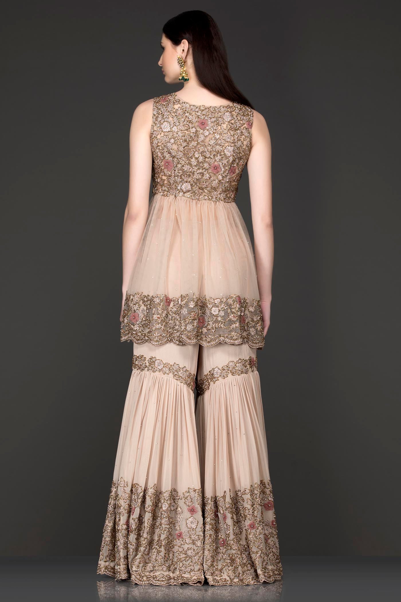 Nude Peplum Net Top With Georgette Sharara And Net Dupatta