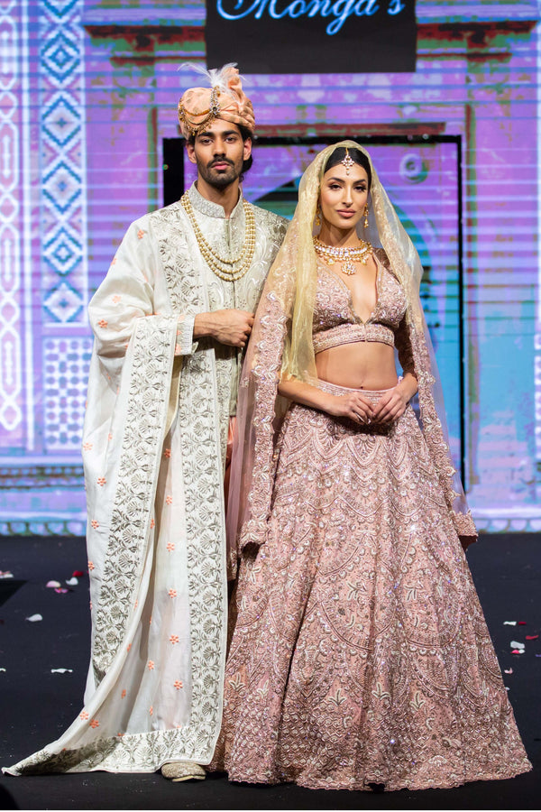 Tone-to-tone embroiderd Chogha Sherwani and Blush pink bridal lehenga