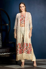 Multicolor threadwork Ivory Crop top and Pants with Jacket