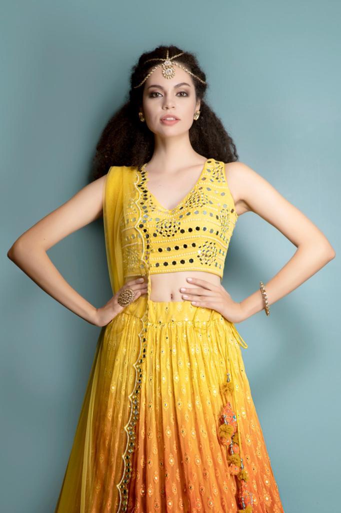 Yellow top, Ombre Chiken Skirt and mirror work scarf
