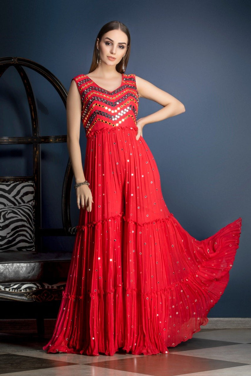 Red Indo-western Jumpsuit with mirror work