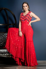 Red Indo-western Jumpsuit with mirror work