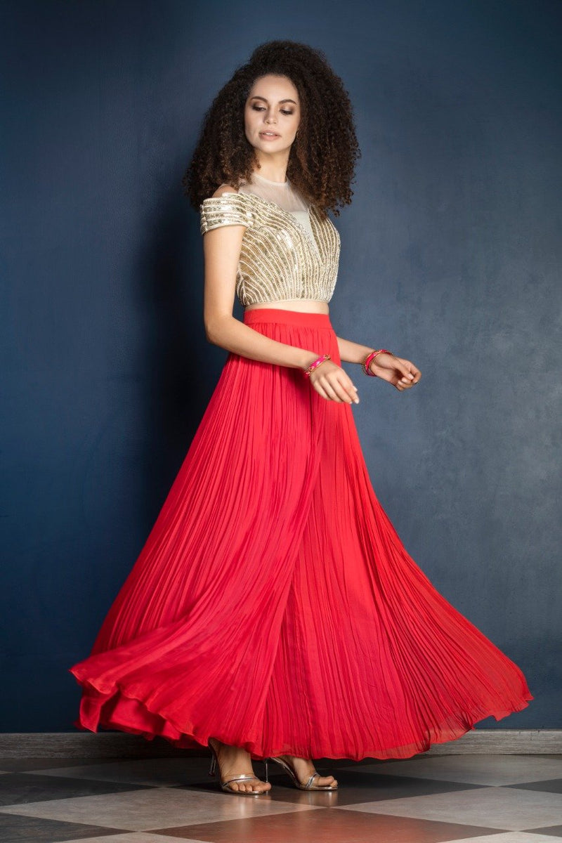Red color sharara with leather patchwork