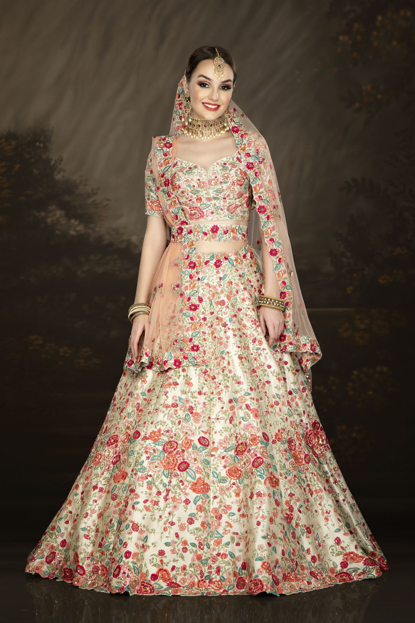 Ivory Bridal with Multicolor thread and Hand Embroidery