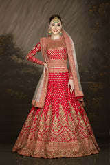 Traditional Red Bridal with a Belt and Contrasting Peach Dupatta