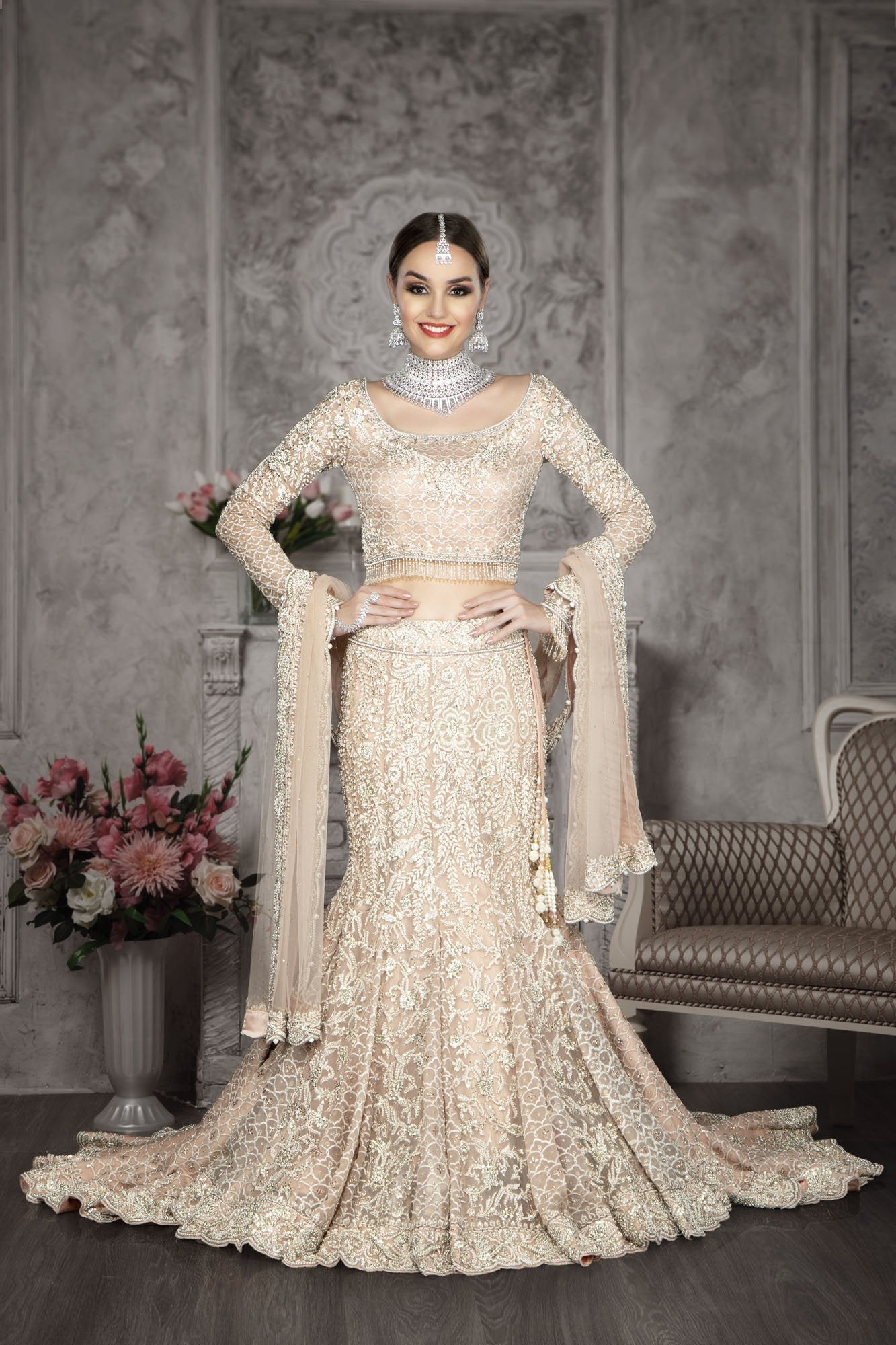 Organza Ivory Fishcut bridal with trail.