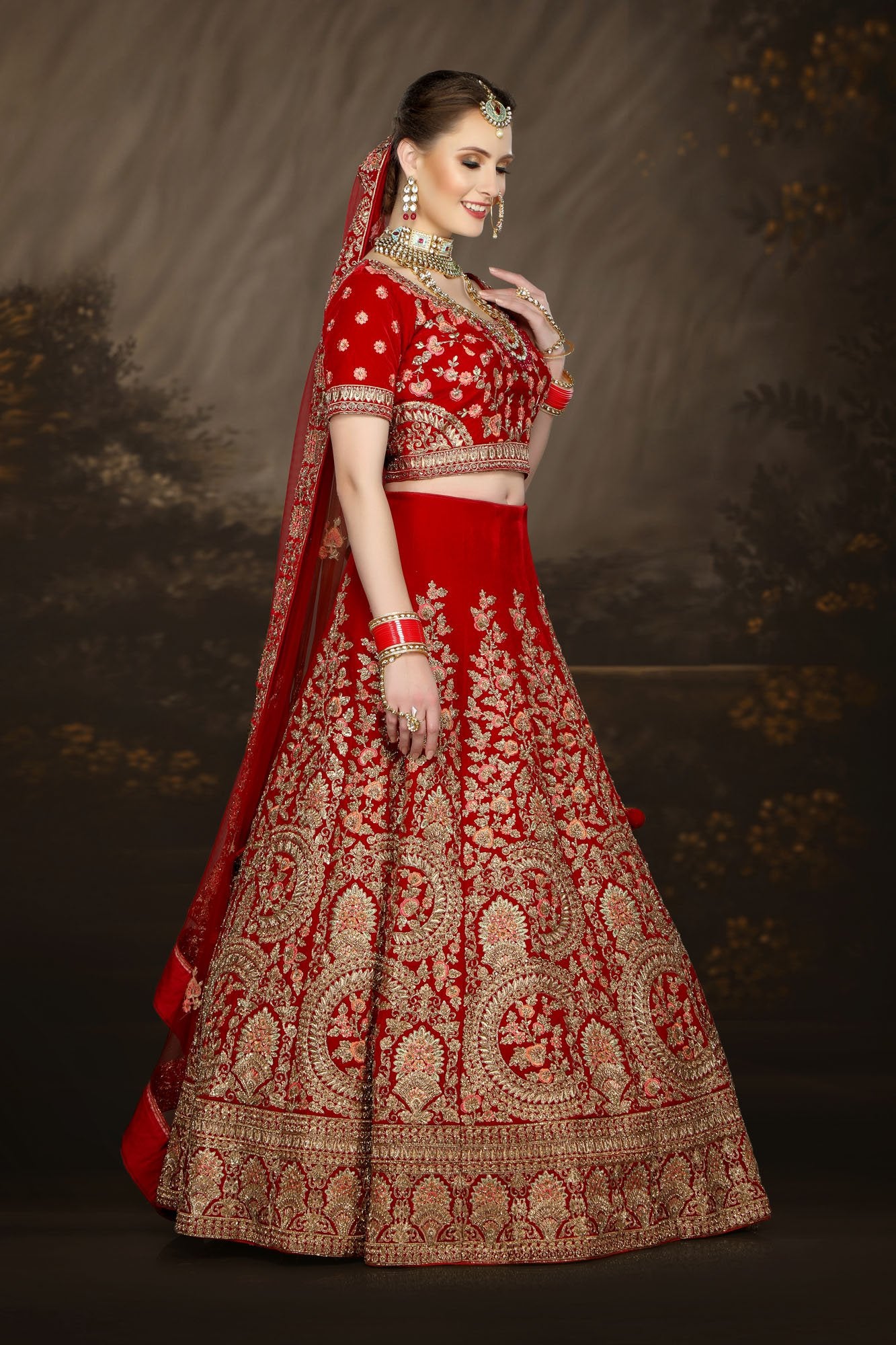 Red Micro-Velvet Bridal Lehenga