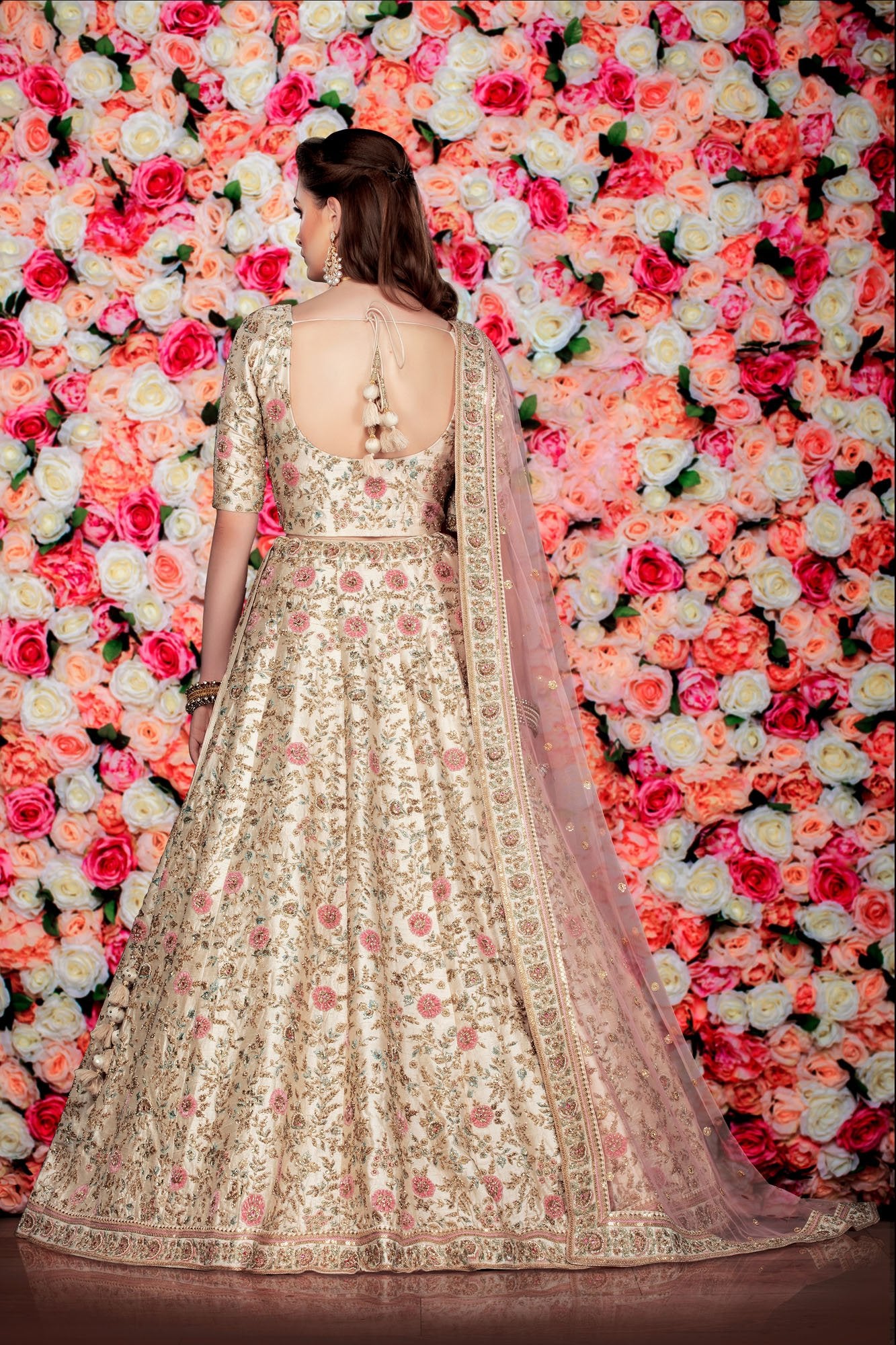 Ivory bridal lehenga with Contrast Peach Dupatta
