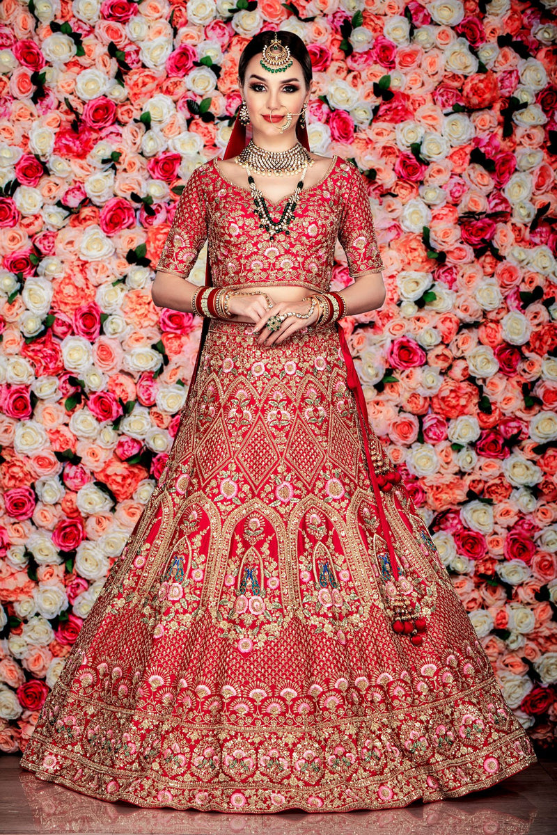 Red Bridal Heavy Embroidered Lehenga with thread work