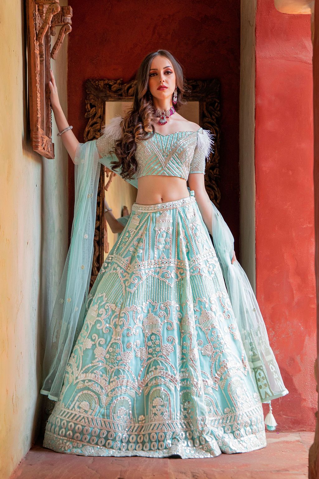 Blue Leather Patch embroidery Lehnga