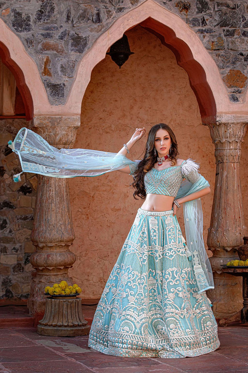 Blue Leather Patch embroidery Lehnga