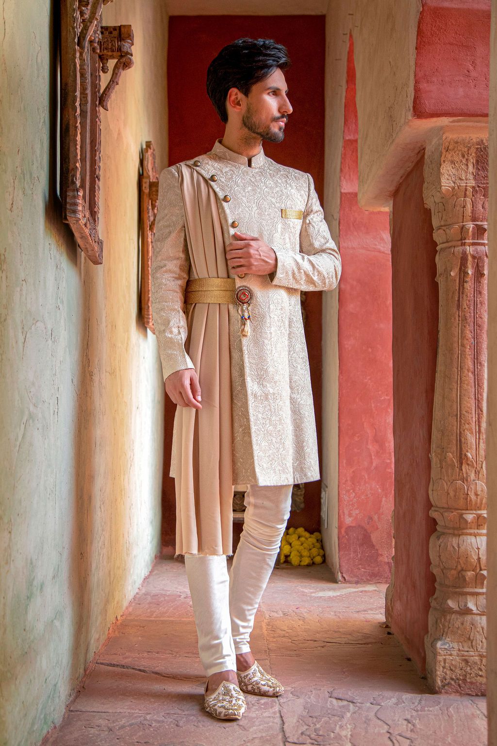 Asymetrical Silhoutte Sherwani with drape