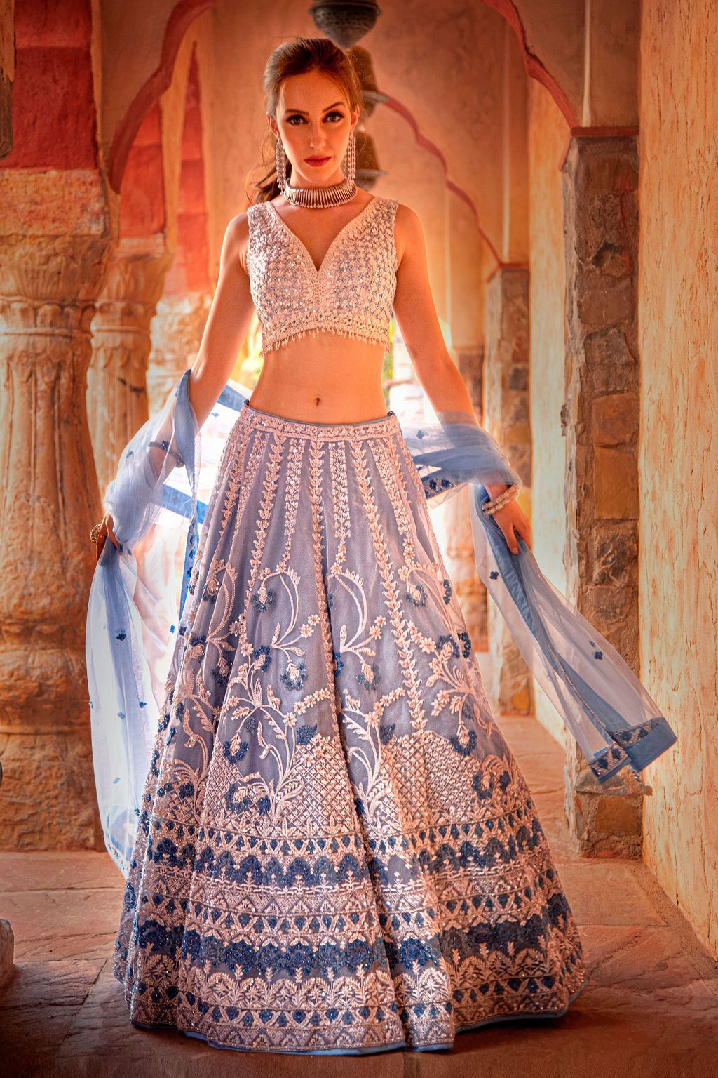 Blue embroidered Top and Skirt 