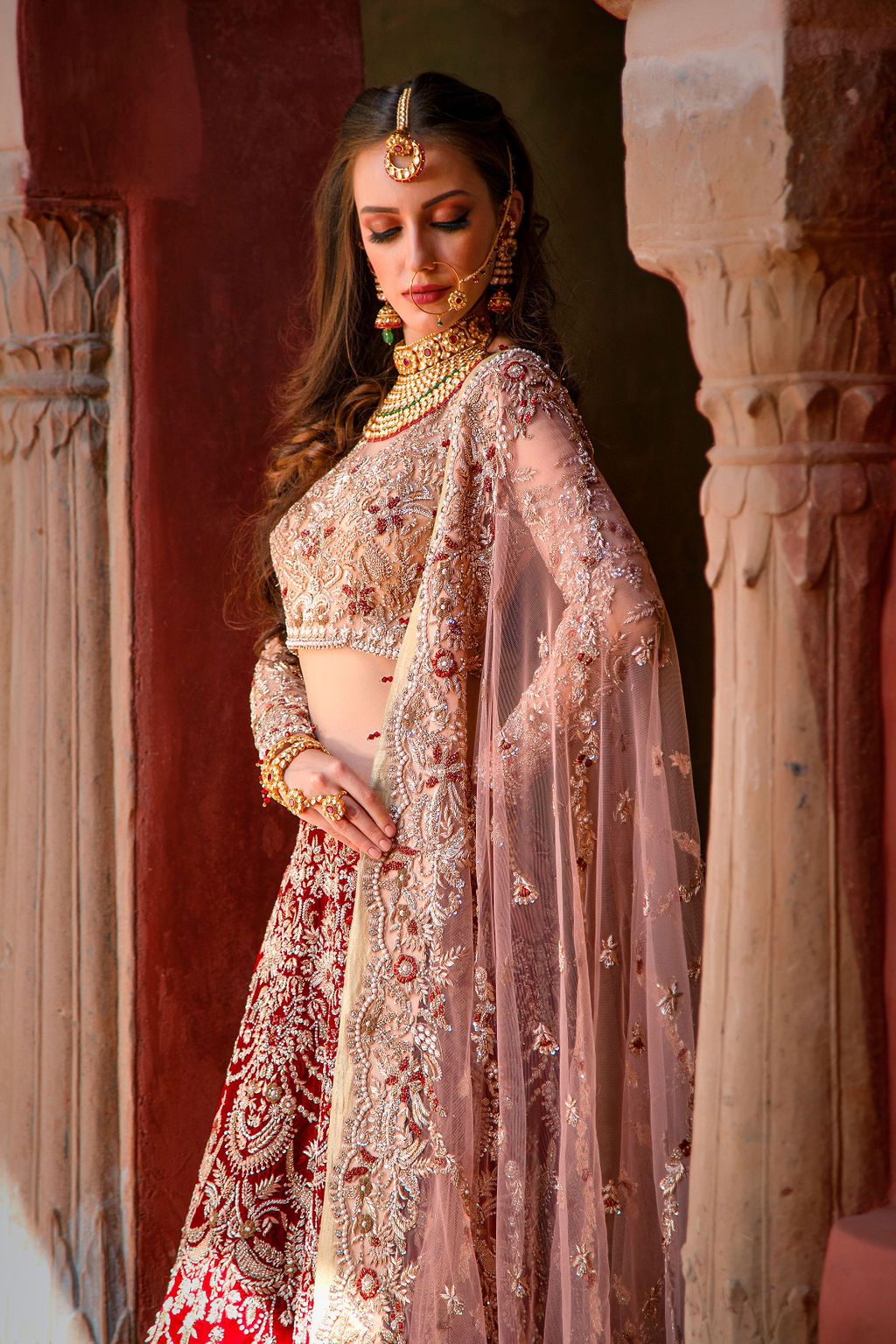 Red bridal Lehenga with Golden top – Mongas