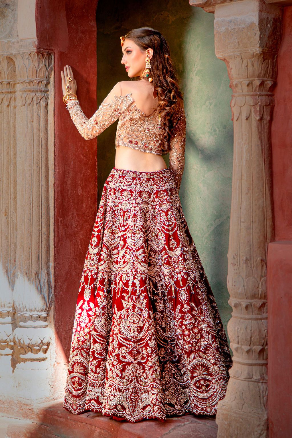 Red bridal Lehenga with Golden top 