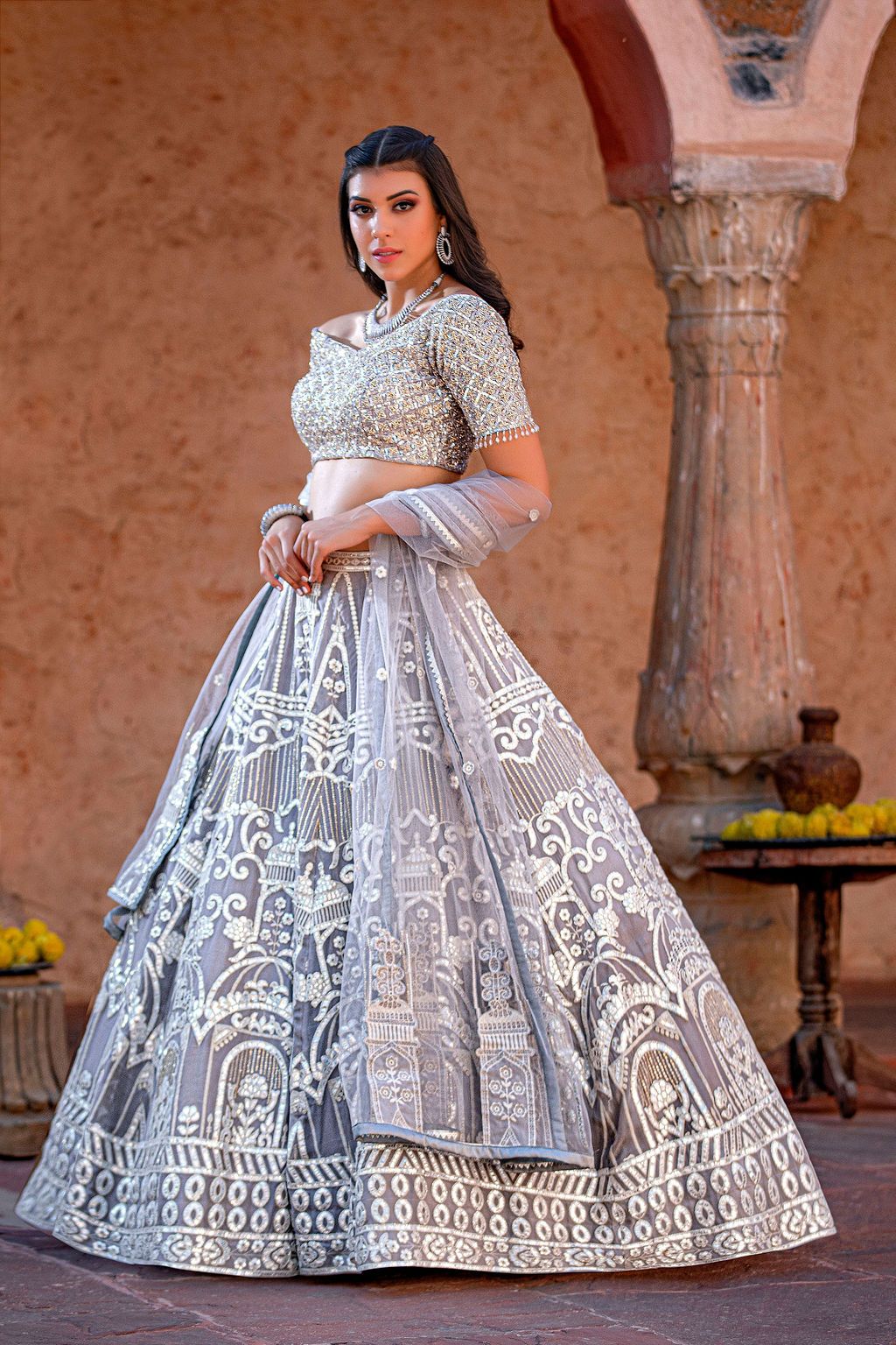 Grey Leather Patch embroidery Lehnga