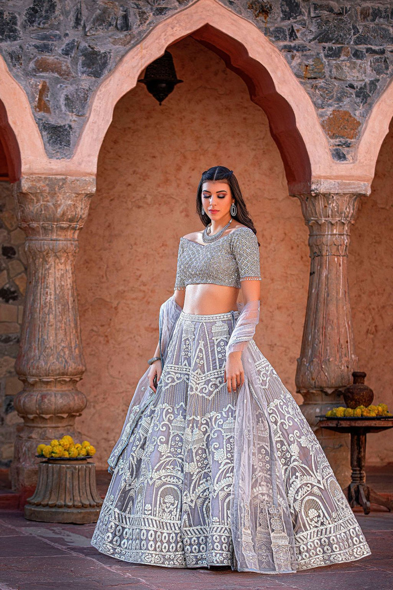 Grey Leather Patch embroidery Lehnga